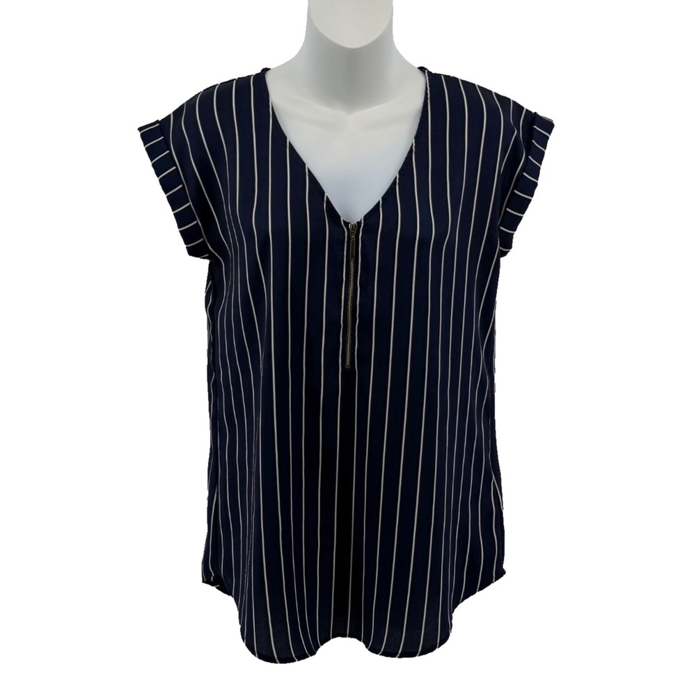 Express Striped Blouse Women Small Navy White Zip Front Flutter Sleeve Top
